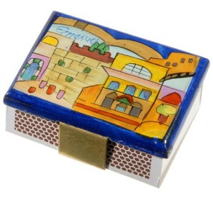 Yair Emanuel Kitchen Sized Wooden Matchbox Holder with Jerusalem City Vistas Match Box Holders