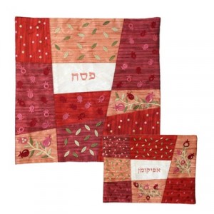 Yair Emanuel Silk Matzah Cover Set with Red Patches Matzah Covers