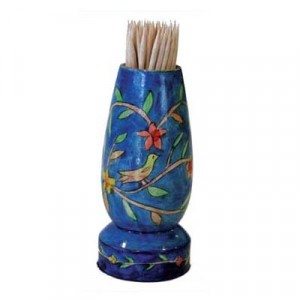 Yair Emanuel Hand Painted Toothpick Stand with Birds and Branches in Wood Traditional Rosh Hashanah Gifts