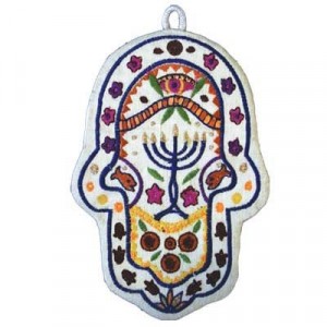 Charming Hamsa Embroidered with Menorah Design by Yair Emanuel - Small
 Jewish Home Decor