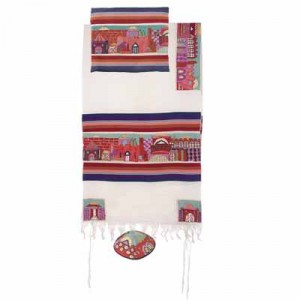 Yair Emanuel Colourful Jerusalem With Stripes Cotton Embroidered Tallit Modern Judaica