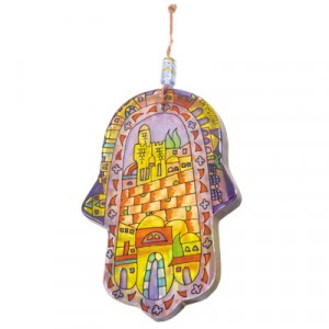 Painted Glass Hamsa with a Scene of Jerusalem by Yair Emanuel Jewish Home Decor