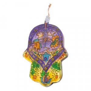 Painted Glass Hamsa by Yair Emanuel with a Menorah Jewish Home Decor
