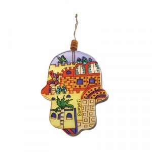 Hamsa with a Scene of a Montefiore Windmill by Yair Emanuel  Jewish Home Decor