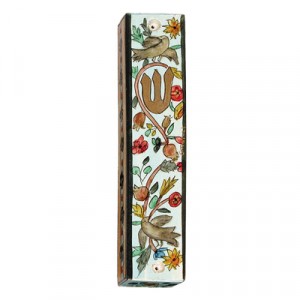 Yair Emanuel Mezuzah with Birds and Flowers in Painted Wood