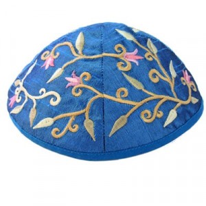 Yair Emanuel Blue Machine Embroidered Kippah with Floral Design Kippot