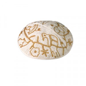 Yair Emanuel White and Gold Cotton Hand Embroidered Kippah with Bird Motif Yair Emanuel