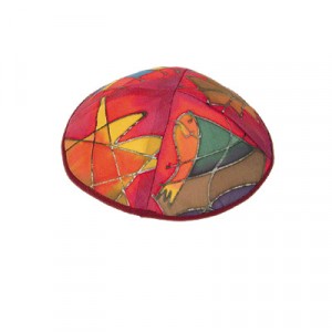Yair Emanuel Red Silk Kippah with Multicolor Designs Yair Emanuel