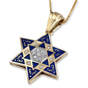 14K Gold and Blue Enamel Star of David Pendant with Diamonds Star of David Necklaces