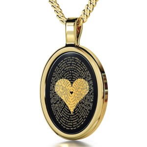 14K Gold and Onyx Necklace  I Love You in 120 Languages Micro-Inscribed with  24K Gold  on Heart  Jewish Necklaces