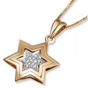 14K Gold Double Star of David Pendant with Diamonds Jewish Necklaces