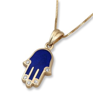14K Gold Hamsa Pendant with Blue Enamel and Diamonds Jewish Necklaces