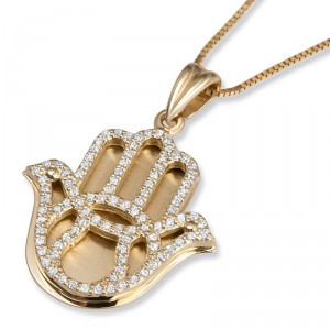 14K Gold Hamsa Pendant with Diamonds Jewish Necklaces