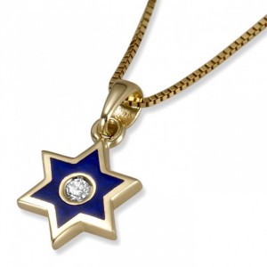 14K Yellow Gold Star of David Pendant Featuring Diamond and Blue Enamel Jewish Necklaces