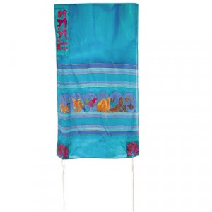 Yair Emanuel Hand Painted Tallit with Twelve Tribes Insignia in Turquoise Silk Yair Emanuel