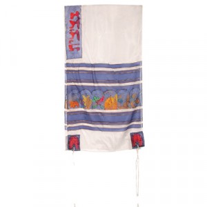 Yair Emanuel Hand Painted Tallit with Twelve Tribes Insignia in White Silk Bar Mitzvah