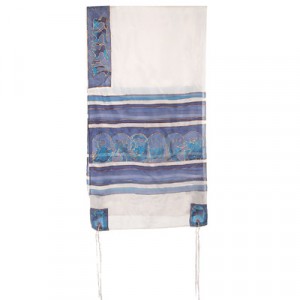 Yair Emanuel Hand Painted Tallit with Twelve Tribes in White and Blue Silk Yair Emanuel