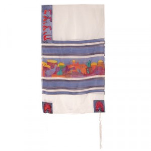 Yair Emanuel Hand Painted Tallit with Jerusalem and Dove in White Silk Yair Emanuel