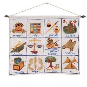 Yair Emanuel Raw Silk Embroidered Wall Decoration with 12 Tribes Sukkah Decorations