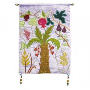 Yair Emanuel Raw Silk Embroidered Wall Decoration with Seven Species in Violet Jewish Home Decor