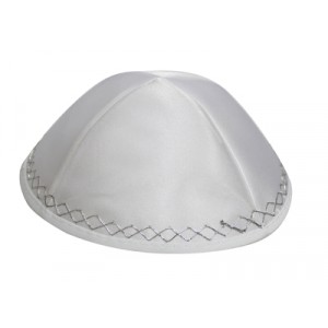 White Terylene Kippah with Four Sections and Silver Diamond Shapes Kippot