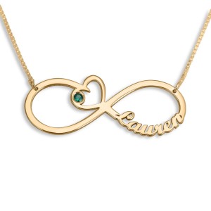 24K Gold-Plated English/Hebrew Infinity Necklace With Birthstone and Heart Jewish Jewelry