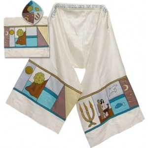 White Silk Tallit with Appliqué Six Days of Creation Traditional Judaica
