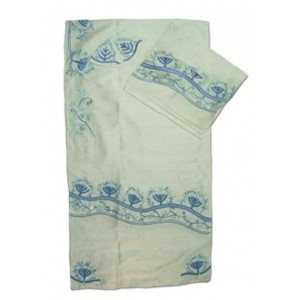 White Silk Tallit with Blue Menorahs and Floral Pattern Tallitot