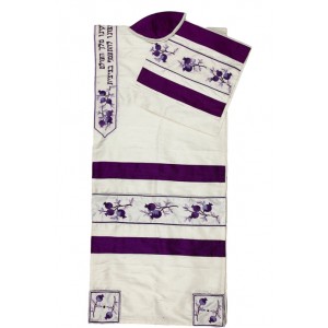 White Silk Tallit with Purple Pomegranates and Hebrew Blessing Rikmat Elimelech