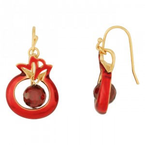 Pomegranate Earrings in Gold Plated Wine Enamel with Garnet Stones Israeli Earrings
