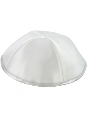 17cm White Satin Kippah with Four Sections and Silver Rim Bar Mitzvah