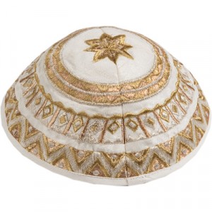 White Kipah by Yair Emanuel with Gold Geometric Embroidery Yair Emanuel