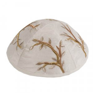 Yair Emanuel White Kippah with Gold Tree Embroidery Bar Mitzvah