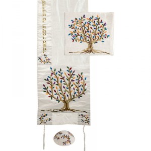 Colorful Yair Emanuel Raw Silk Tallit with Matching Bag and Kippa - Tree of Life Tallitot