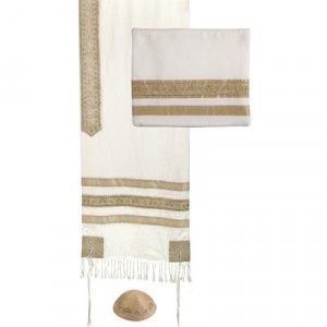 Gold Stripes Matching Tallit with Bag and Kippa by Yair Emanuel Traditional Tallit