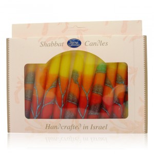 Safed Candles Shabbat Candle Set with Red, Orange and Yellow Stripes Candles