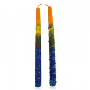 Safed Candles Pair of Shabbat Candles in Orange, Green and Blue Shabbat