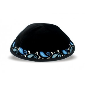 Black German Velvet Kippah with Blue and White Paisley Design