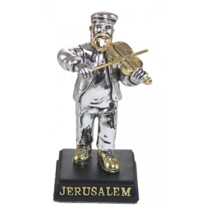 Silver Polyresin Figurine with Gold Colored Shoes, Beard and Fiddle Jewish Figurines