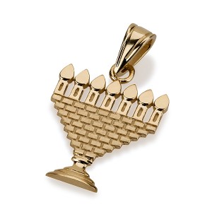 14k Yellow Gold Menorah Pendant with Brick Pattern and Cutout Flames Jewish Necklaces