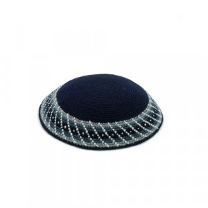 15 cm navy blue knitted kippah with gray patterned border Jewish Occasions