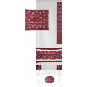 Yair Emanuel Raw Silk Tallit Set with Red Rainbows, Stars of David and Hebrew Text Star of David Collection