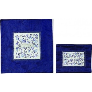 Yair Emanuel Matzah Cover Set with Embroidered Pomegranates in White and Blue Afikoman Bags