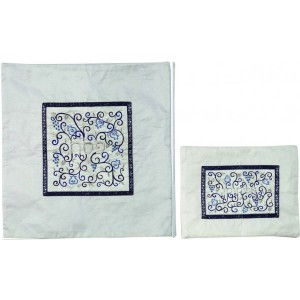 Yair Emanuel Matzah Cover Set with Embroidered Pomegranates in Blue on White Matzah Covers