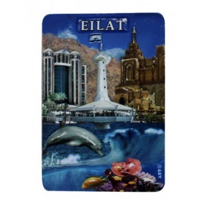Plastic Magnet with Eilat Landmarks, Dolphin and English Text in White Jewish Souvenirs
