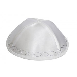 White Satin Kippah with Silver Wavy Lines and Four Large Sections Kippot