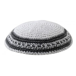 White Knitted Kippah with Thick Slate Gray Lines and Thin Dotted Line Kippot