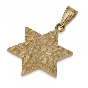 14k Yellow Gold Star of David Pendant with Detailed Jerusalem Homes Artists & Brands