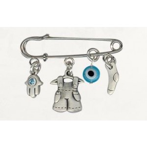 Baby Diaper Pin with Silver Clothing and Hamsa Charms and Swarovski Crystals Danon