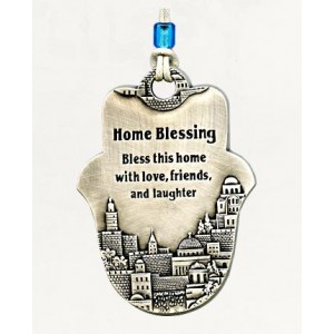 Silver Hamsa Home Blessing with English Text and Sweeping Jerusalem Panorama Israeli Art